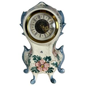 Delft Polychrome Hand Painted Blue Porcelain Floral Mantle Mantel Clock Holland
